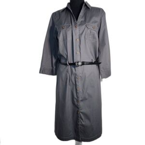 Sonoma Gray Cotton Belted Button Up Shirt Dress sz L